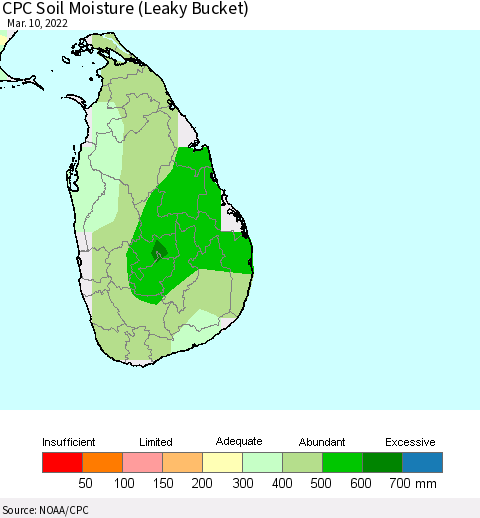 Sri Lanka CPC Soil Moisture (Leaky Bucket) Thematic Map For 3/6/2022 - 3/10/2022