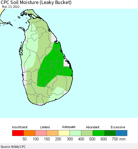 Sri Lanka CPC Calculated Soil Moisture (Leaky Bucket) Thematic Map For 3/11/2022 - 3/15/2022