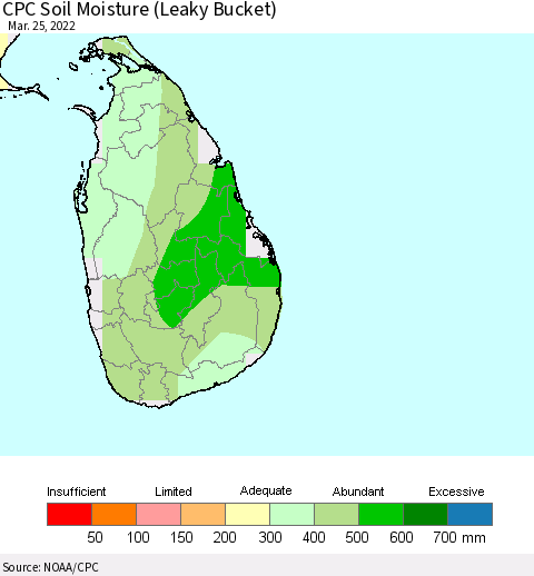 Sri Lanka CPC Calculated Soil Moisture (Leaky Bucket) Thematic Map For 3/21/2022 - 3/25/2022