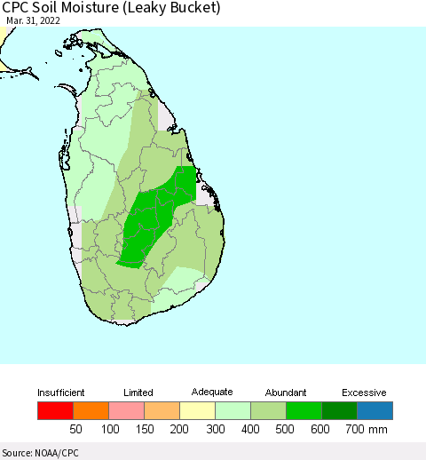 Sri Lanka CPC Calculated Soil Moisture (Leaky Bucket) Thematic Map For 3/26/2022 - 3/31/2022