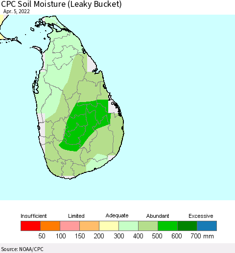 Sri Lanka CPC Calculated Soil Moisture (Leaky Bucket) Thematic Map For 4/1/2022 - 4/5/2022