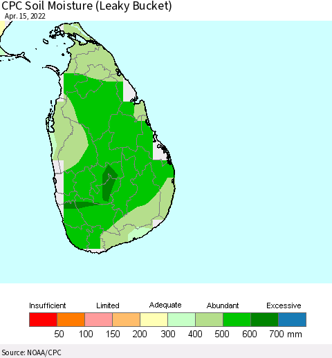 Sri Lanka CPC Calculated Soil Moisture (Leaky Bucket) Thematic Map For 4/11/2022 - 4/15/2022