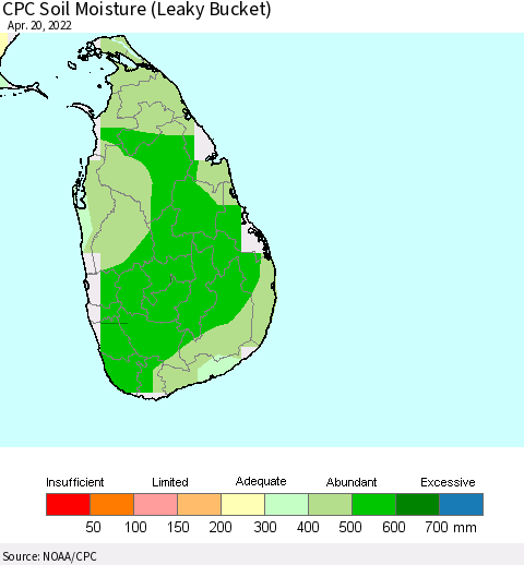 Sri Lanka CPC Calculated Soil Moisture (Leaky Bucket) Thematic Map For 4/16/2022 - 4/20/2022