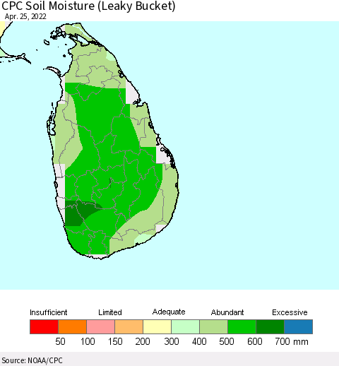 Sri Lanka CPC Calculated Soil Moisture (Leaky Bucket) Thematic Map For 4/21/2022 - 4/25/2022