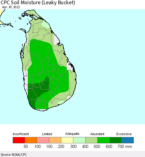 Sri Lanka CPC Soil Moisture (Leaky Bucket) Thematic Map For 4/26/2022 - 4/30/2022