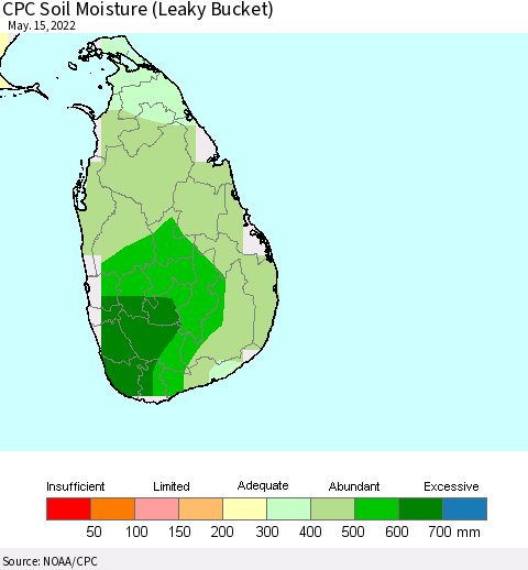 Sri Lanka CPC Calculated Soil Moisture (Leaky Bucket) Thematic Map For 5/11/2022 - 5/15/2022
