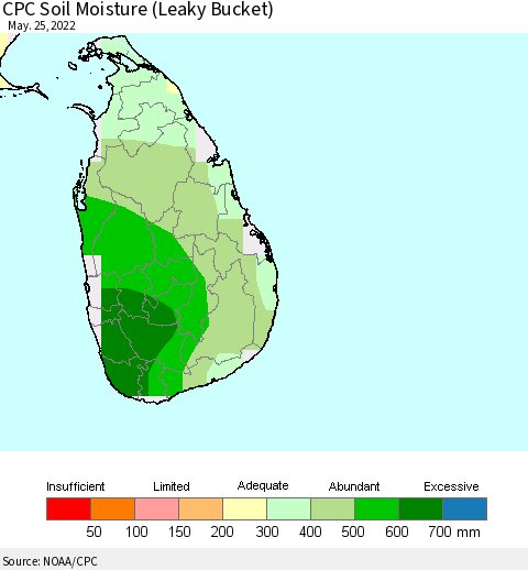 Sri Lanka CPC Calculated Soil Moisture (Leaky Bucket) Thematic Map For 5/21/2022 - 5/25/2022