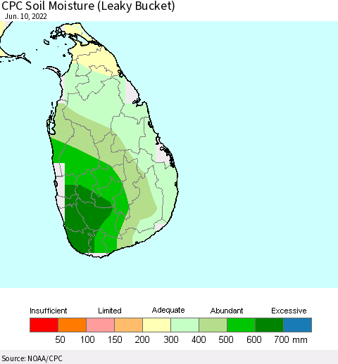 Sri Lanka CPC Soil Moisture (Leaky Bucket) Thematic Map For 6/6/2022 - 6/10/2022