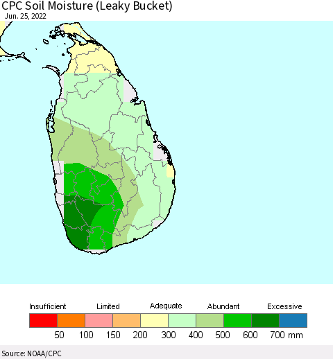 Sri Lanka CPC Calculated Soil Moisture (Leaky Bucket) Thematic Map For 6/21/2022 - 6/25/2022