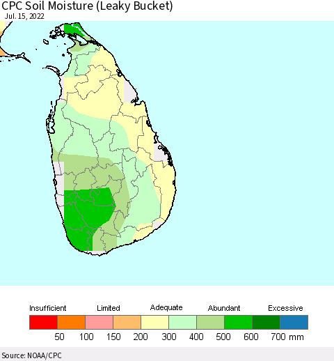 Sri Lanka CPC Calculated Soil Moisture (Leaky Bucket) Thematic Map For 7/11/2022 - 7/15/2022