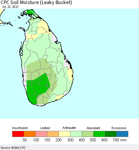 Sri Lanka CPC Calculated Soil Moisture (Leaky Bucket) Thematic Map For 7/21/2022 - 7/25/2022