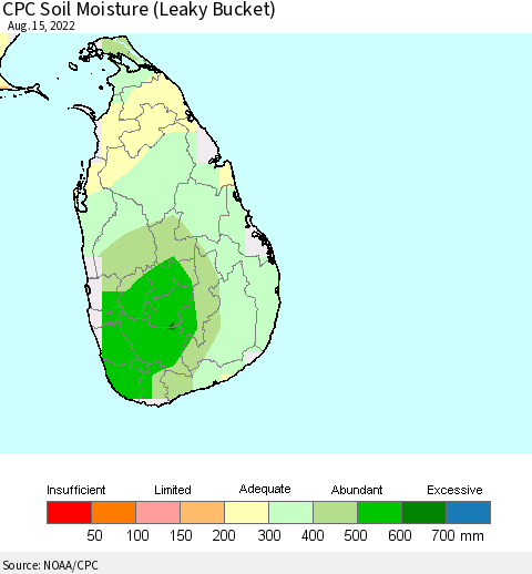 Sri Lanka CPC Calculated Soil Moisture (Leaky Bucket) Thematic Map For 8/11/2022 - 8/15/2022