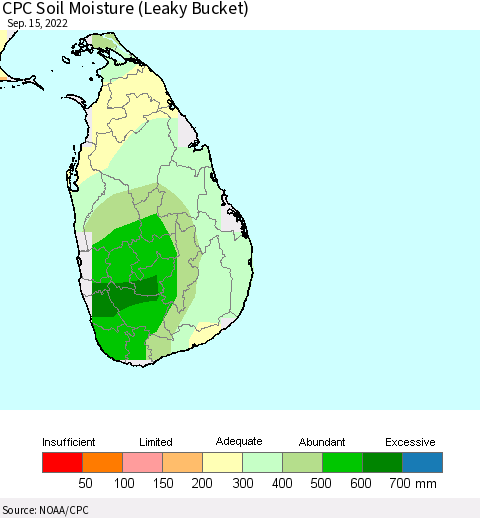 Sri Lanka CPC Calculated Soil Moisture (Leaky Bucket) Thematic Map For 9/11/2022 - 9/15/2022