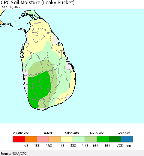 Sri Lanka CPC Calculated Soil Moisture (Leaky Bucket) Thematic Map For 9/26/2022 - 9/30/2022