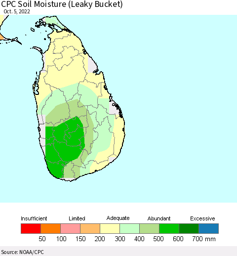 Sri Lanka CPC Calculated Soil Moisture (Leaky Bucket) Thematic Map For 10/1/2022 - 10/5/2022