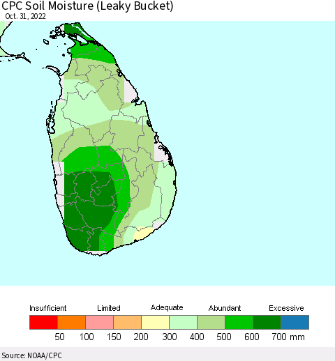 Sri Lanka CPC Calculated Soil Moisture (Leaky Bucket) Thematic Map For 10/26/2022 - 10/31/2022