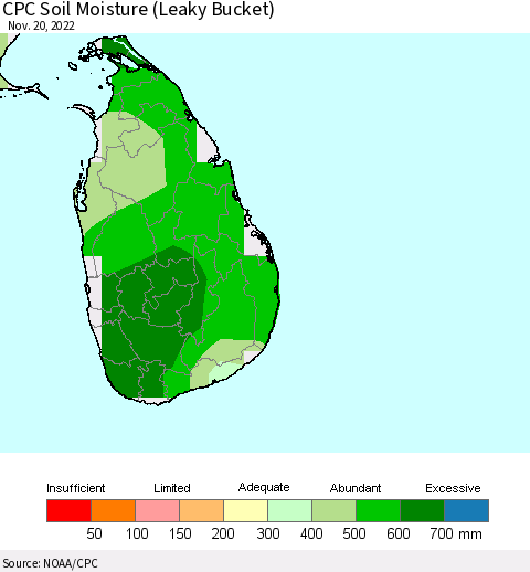 Sri Lanka CPC Soil Moisture (Leaky Bucket) Thematic Map For 11/16/2022 - 11/20/2022