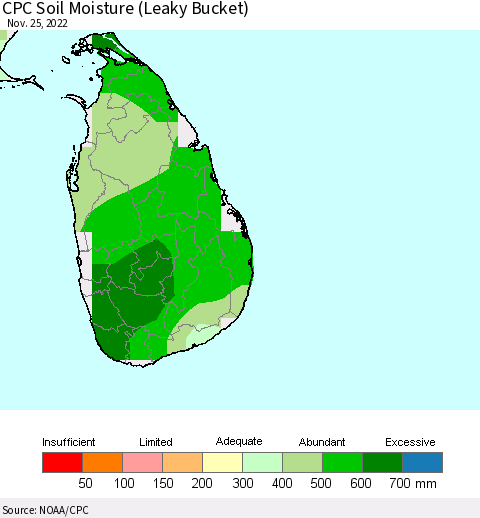 Sri Lanka CPC Calculated Soil Moisture (Leaky Bucket) Thematic Map For 11/21/2022 - 11/25/2022