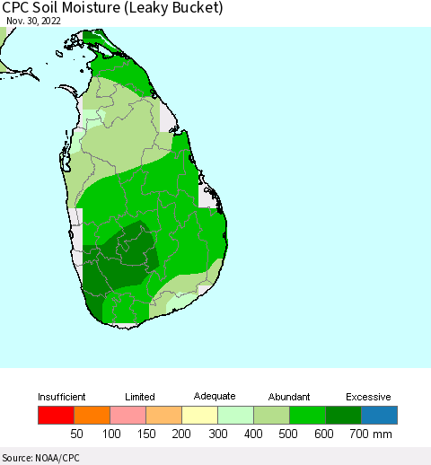 Sri Lanka CPC Calculated Soil Moisture (Leaky Bucket) Thematic Map For 11/26/2022 - 11/30/2022