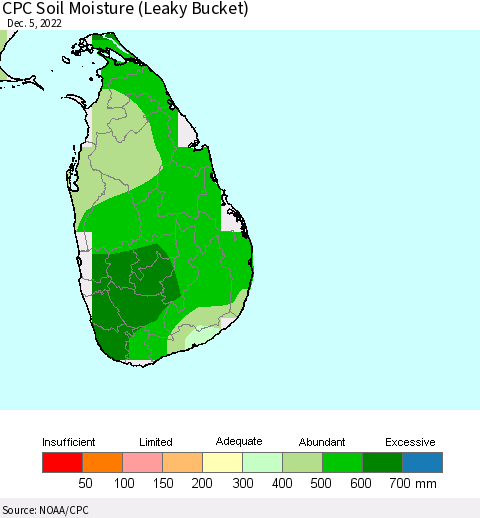 Sri Lanka CPC Calculated Soil Moisture (Leaky Bucket) Thematic Map For 12/1/2022 - 12/5/2022