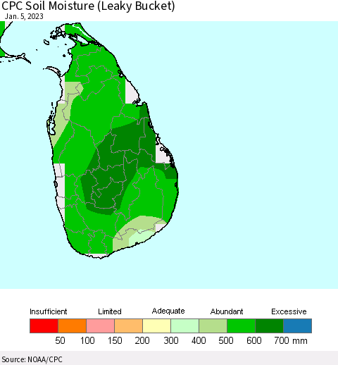 Sri Lanka CPC Calculated Soil Moisture (Leaky Bucket) Thematic Map For 1/1/2023 - 1/5/2023