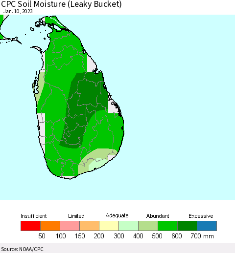 Sri Lanka CPC Calculated Soil Moisture (Leaky Bucket) Thematic Map For 1/6/2023 - 1/10/2023