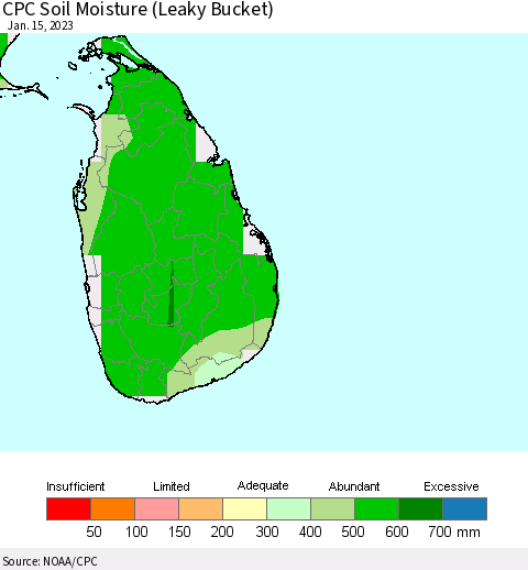 Sri Lanka CPC Soil Moisture (Leaky Bucket) Thematic Map For 1/11/2023 - 1/15/2023