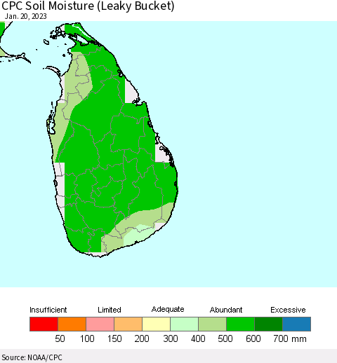 Sri Lanka CPC Calculated Soil Moisture (Leaky Bucket) Thematic Map For 1/16/2023 - 1/20/2023