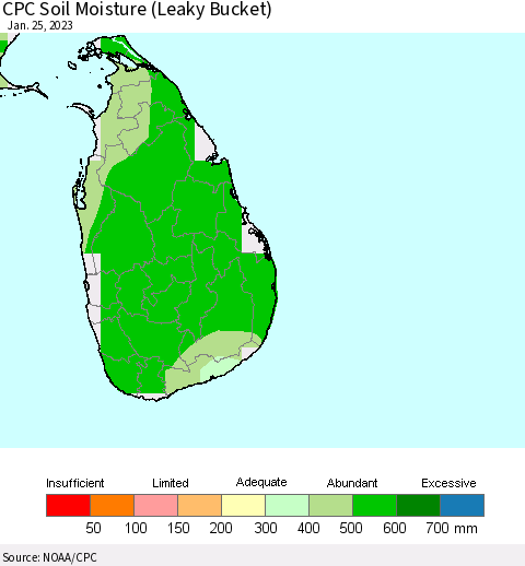 Sri Lanka CPC Soil Moisture (Leaky Bucket) Thematic Map For 1/21/2023 - 1/25/2023