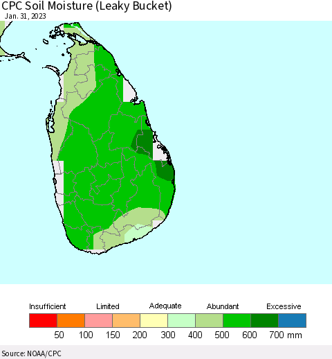 Sri Lanka CPC Calculated Soil Moisture (Leaky Bucket) Thematic Map For 1/26/2023 - 1/31/2023