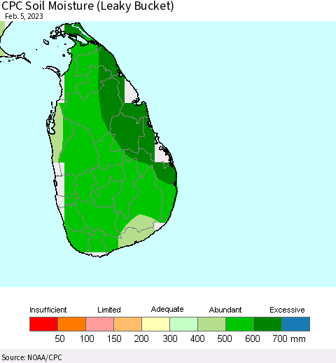 Sri Lanka CPC Calculated Soil Moisture (Leaky Bucket) Thematic Map For 2/1/2023 - 2/5/2023