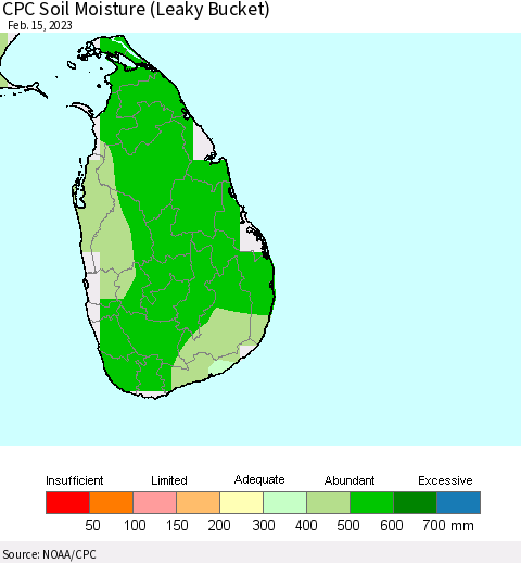 Sri Lanka CPC Calculated Soil Moisture (Leaky Bucket) Thematic Map For 2/11/2023 - 2/15/2023