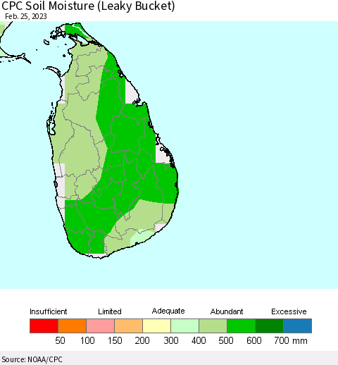 Sri Lanka CPC Calculated Soil Moisture (Leaky Bucket) Thematic Map For 2/21/2023 - 2/25/2023