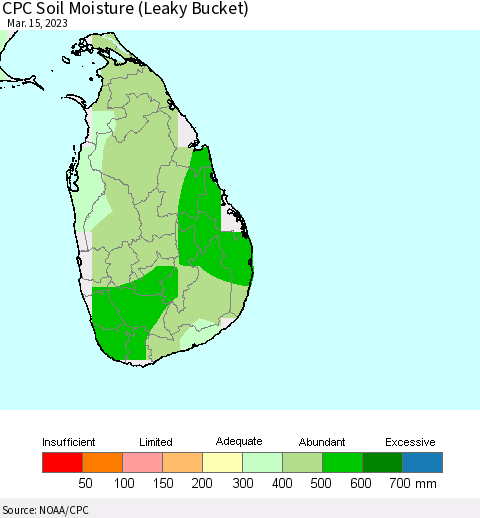 Sri Lanka CPC Calculated Soil Moisture (Leaky Bucket) Thematic Map For 3/11/2023 - 3/15/2023