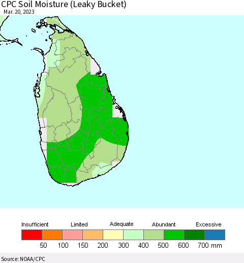 Sri Lanka CPC Soil Moisture (Leaky Bucket) Thematic Map For 3/16/2023 - 3/20/2023