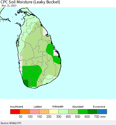 Sri Lanka CPC Soil Moisture (Leaky Bucket) Thematic Map For 3/26/2023 - 3/31/2023