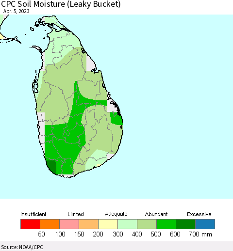 Sri Lanka CPC Soil Moisture (Leaky Bucket) Thematic Map For 4/1/2023 - 4/5/2023