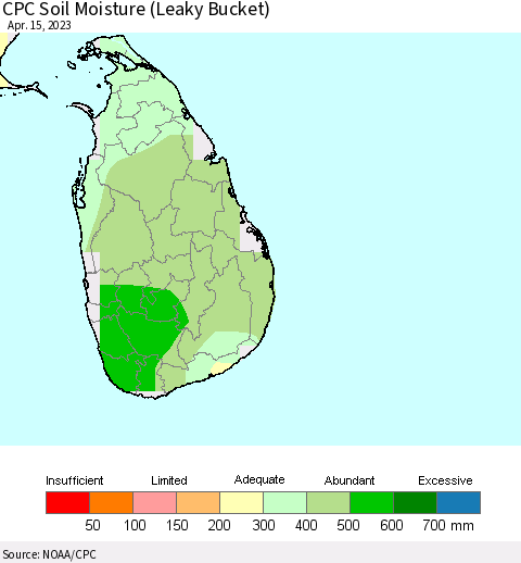 Sri Lanka CPC Soil Moisture (Leaky Bucket) Thematic Map For 4/11/2023 - 4/15/2023