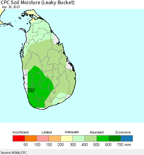 Sri Lanka CPC Soil Moisture (Leaky Bucket) Thematic Map For 4/26/2023 - 4/30/2023