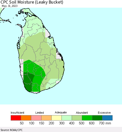Sri Lanka CPC Soil Moisture (Leaky Bucket) Thematic Map For 5/26/2023 - 5/31/2023