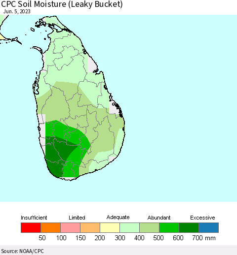 Sri Lanka CPC Soil Moisture (Leaky Bucket) Thematic Map For 6/1/2023 - 6/5/2023