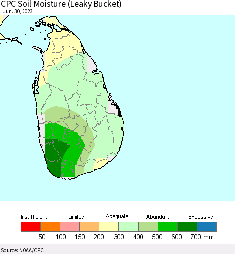 Sri Lanka CPC Soil Moisture (Leaky Bucket) Thematic Map For 6/26/2023 - 6/30/2023