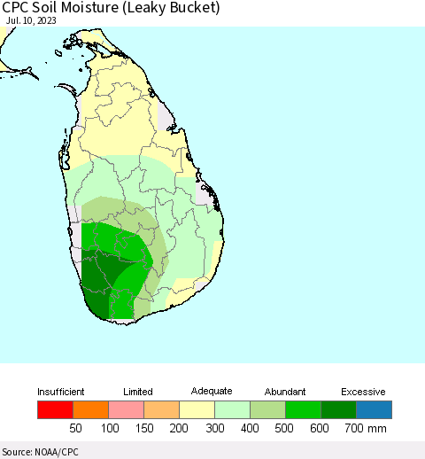 Sri Lanka CPC Soil Moisture (Leaky Bucket) Thematic Map For 7/6/2023 - 7/10/2023