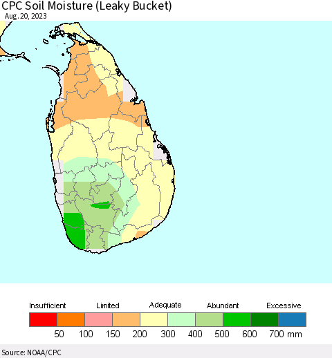 Sri Lanka CPC Soil Moisture (Leaky Bucket) Thematic Map For 8/16/2023 - 8/20/2023
