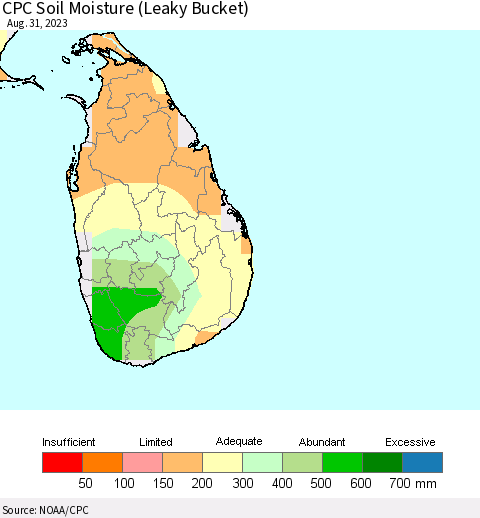 Sri Lanka CPC Soil Moisture (Leaky Bucket) Thematic Map For 8/26/2023 - 8/31/2023