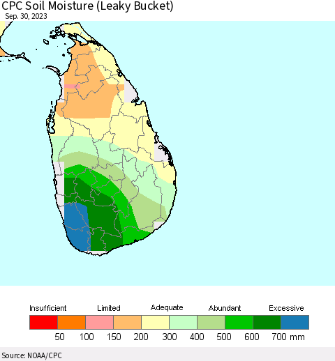 Sri Lanka CPC Soil Moisture (Leaky Bucket) Thematic Map For 9/26/2023 - 9/30/2023