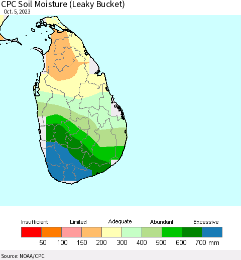 Sri Lanka CPC Soil Moisture (Leaky Bucket) Thematic Map For 10/1/2023 - 10/5/2023