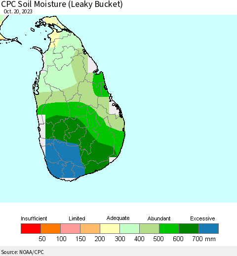 Sri Lanka CPC Soil Moisture (Leaky Bucket) Thematic Map For 10/16/2023 - 10/20/2023