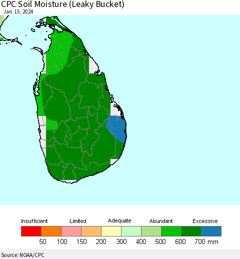 Sri Lanka CPC Soil Moisture (Leaky Bucket) Thematic Map For 1/11/2024 - 1/15/2024