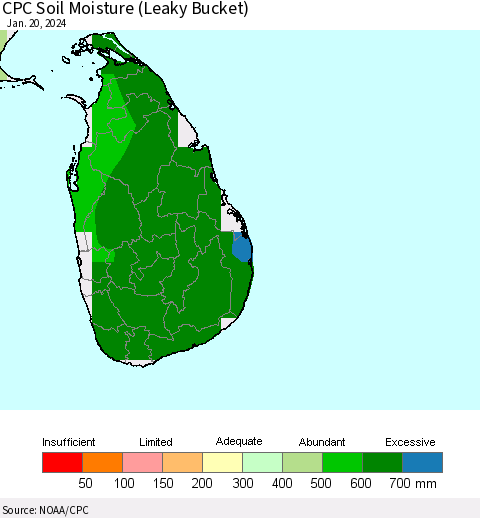 Sri Lanka CPC Soil Moisture (Leaky Bucket) Thematic Map For 1/16/2024 - 1/20/2024